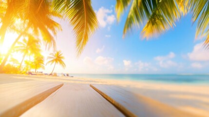 Sunshine glimmers on a tranquil beach with palm trees and azure waters