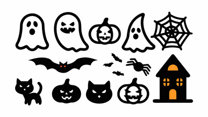 Collection of halloween themed vector graphics featuring ghosts pumpkins and black cats and bats and spiderwebs