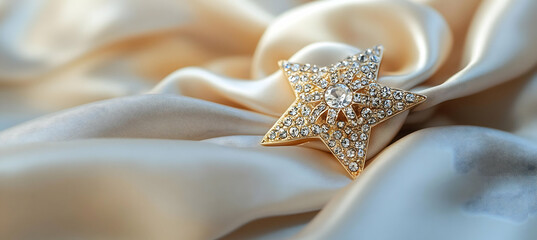 Close up of a starfish resting on smooth beige satin fabric with soft focus elegant intricate details captured in high resolution with cinematic lighting and hyper realistic style

