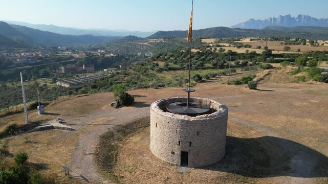 Aerial view of a landscape with mountains and fields, from El Bages, Catalonia