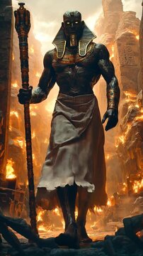 The mighty ancient Egyptian god walks in armor. Ancient Egyptian gods. Their myths remain shrouded in mystery. High quality FullHD footage