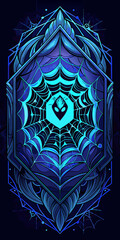Detailed emblem featuring a stylized spider web and a central insect silhouette in shades of blue