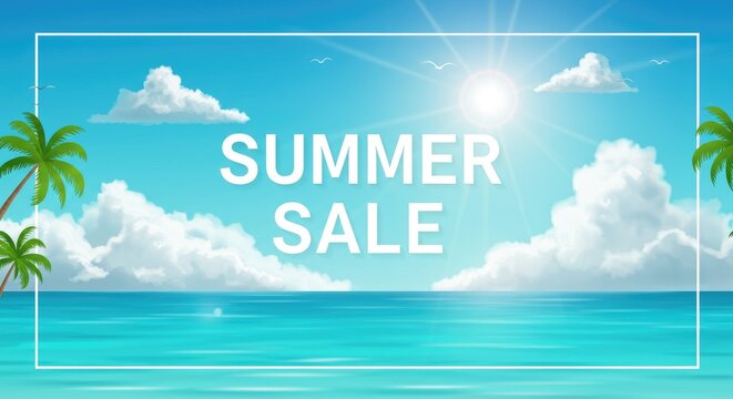 Seasonal discount promotion featuring a summer sale sign with flip-flops and sunglasses on wooden stairs.