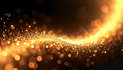 Radiant golden particles in fluid motion, illuminated against a dark backdrop.