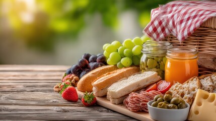 Picnic Feast: A delightful assortment of gourmet treats, from fresh fruits and artisanal bread to savory meats and olives, arranged artfully on a wooden surface.