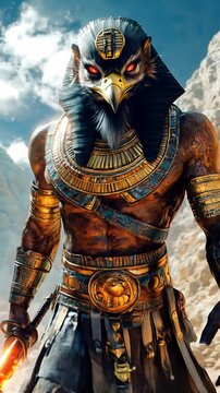 The mighty ancient Egyptian god walks in armor. Ancient Egyptian gods. Their myths remain shrouded in mystery. High quality FullHD footage