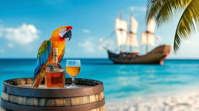 bottle of rum, glass and colorful parrot on the wooden barrel on tropical beach and a pirate ship 