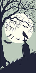 Silhouette of a spooky tree with bats and a crow on a tombstone under a full moon at night