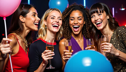 Four women in vibrant attire celebrate with champagne and balloons.
