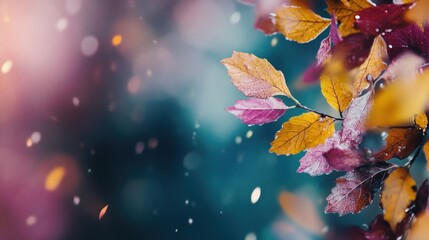 Colorful autumn leaves gently falling with soft background light in a forest