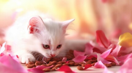 Cute white kitten playing with food among colorful flower petals