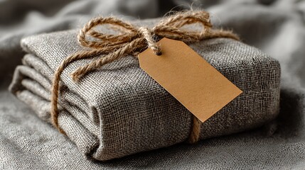 Folded beige linen blanket model with blank tag
