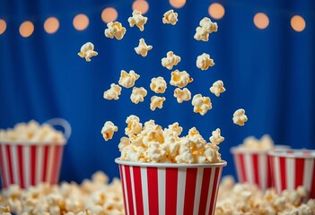 Popcorn leaps from striped bucket, blue backdrop Movie night fun, stock, color