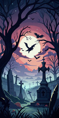 A spooky graveyard scene with silhouettes of bats flying against a full moon and bare trees