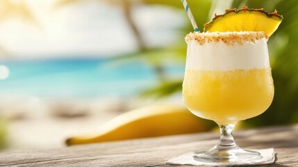 Tropical cocktail served on a wooden table with beach in the background