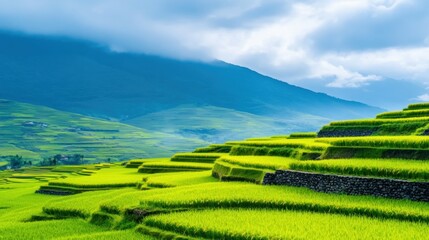 Vibrant green rice terraces against a backdrop of misty mountains