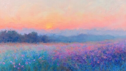 Vibrant sunset over a colorful wildflower meadow with rolling hills