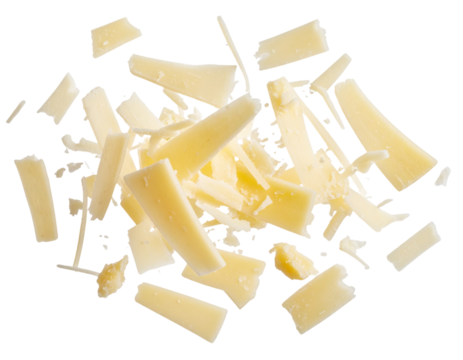  Grated Parmesan Cheese Falling in Mid-Air, Dynamic 3D Food Action Shot, Transparent Background.