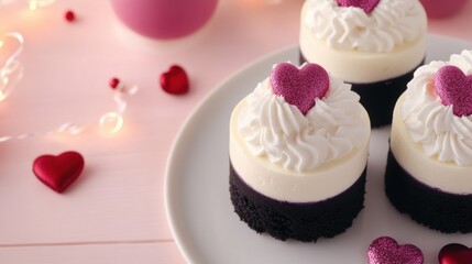 Sweet heart-themed desserts on a pink table with festive decorations