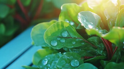 Fresh greens glistening with morning dew in a vibrant garden setting