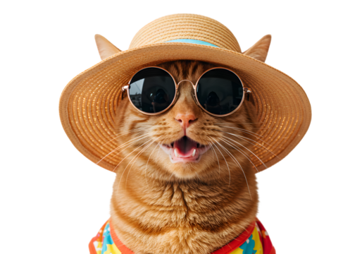 Funny Cat Portrait with Hat and Sunglasses in Transparent Background