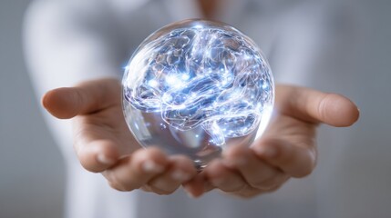 Futuristic Glass Sphere Resembling a Brain Held Delicately in Human Hands Against a Neutral Backdrop Showcasing Creativity and Innovation