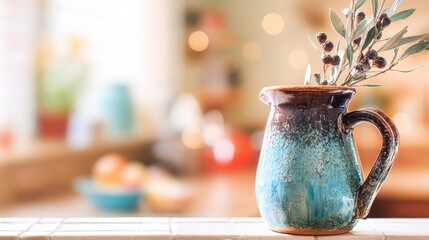 Pottery vase with olive branches in a cozy kitchen setting