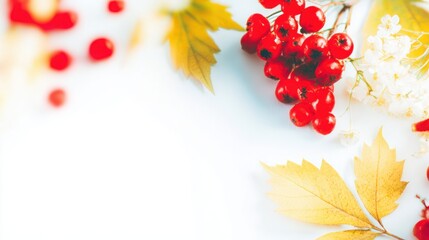 Vibrant red berries and autumn leaves create a seasonal still life display