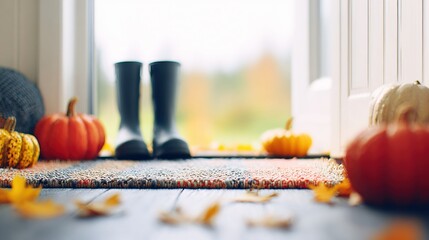 Cozy autumn entrance with pumpkins and boots in a peaceful setting