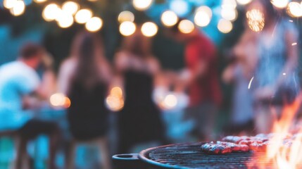 Evening barbecue gathering in a backyard with friends and glowing lights