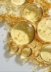 Bubbles in light gold oil background accessories transparent.
