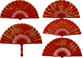 Illustration of Traditional Asian Red and Gold Fan with Transparent BG