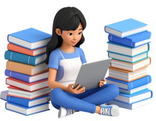 Isometric 3D Cartoon Character Studying with Tablet and Books, Casual Floor Pose, Isolated PNG.