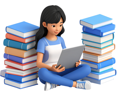Isometric 3D Cartoon Character Studying with Tablet and Books, Casual Floor Pose, Isolated PNG.