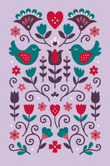 Folk floral illustration with tulips and vines.
