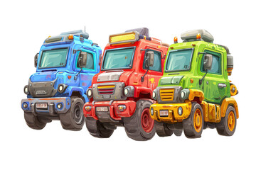 Cartoon trucks, three colorful, stylized off-road vehicles