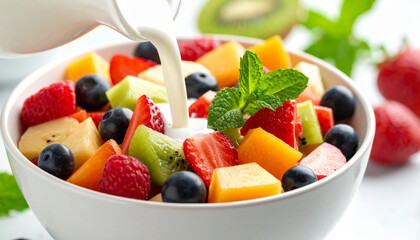 Pouring Milk on Fruit Salad Bowl with Fresh Berries and mint leaf, close up