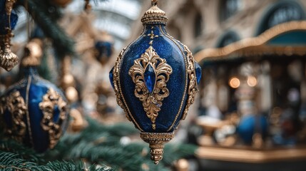 Ornate blue holiday ornament hangs on festive tree in vibrant market