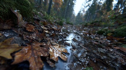 Fall leaves scatter along a tranquil forest path after rainfall