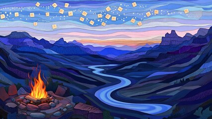 Serene mountain landscape at dusk, a campfire glows in the foreground, with glowing lanterns floating in the twilight sky above a meandering river