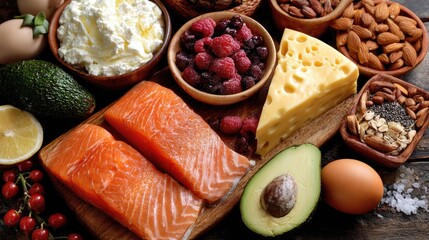Healthy foods: Salmon, avocado, berries, nuts, cheese, and eggs are all good fats and nutrients. Keto diet or healthy food.