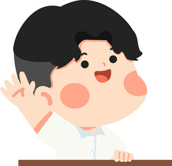 School boy extending hand to pick up an item