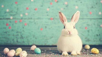 White rabbit sits among colorful eggs on a festive spring background