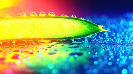 Close up of vibrant aloe vera leaf with water droplets on colorful background
