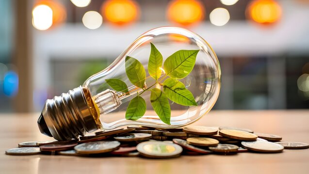 Sustainable Energy: Growing Plant Inside Lightbulb on Coins