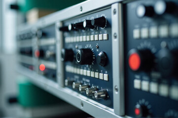 A close up of a rack of audio equipment in a room.