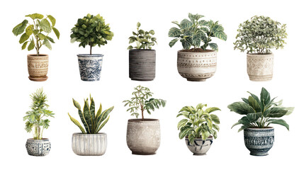 Collection of Ornamental Plants in Pots on Transparent Background

