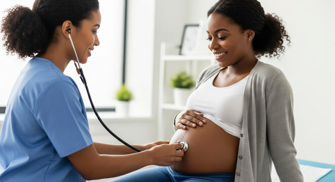 African American nurse examines pregnant woman with stethoscope. Prenatal care.
