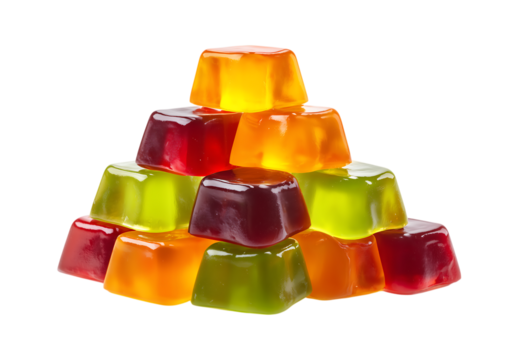 A pile of colorful jelly candies in the shape of an open pyramid isolated on a transparent background