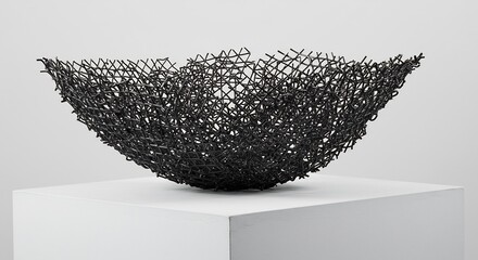 A dark intricate meshlike bowl sculpture made of small interlocked pieces resting on a white rectangular plinth